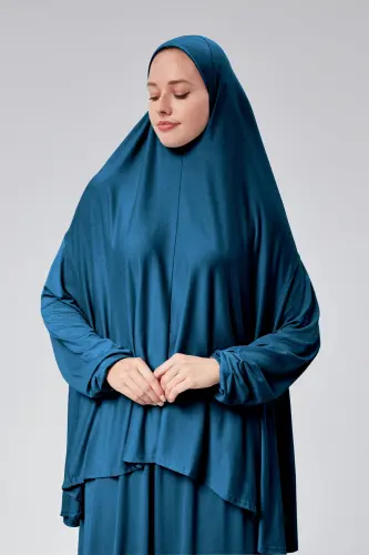 Kadın İki Parça Namaz Elbisesi Başörtülü Organik Pamuklu Lastikli Kolu Kaymaz Etek Penye Tesettür-Petrol rengi - SONBAHARMODA (1)