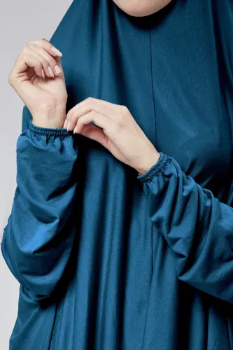 Kadın İki Parça Namaz Elbisesi Başörtülü Organik Pamuklu Lastikli Kolu Kaymaz Etek Penye Tesettür-Petrol rengi - 6