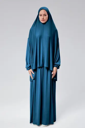 Kadın İki Parça Namaz Elbisesi Başörtülü Organik Pamuklu Lastikli Kolu Kaymaz Etek Penye Tesettür-Petrol rengi - 1