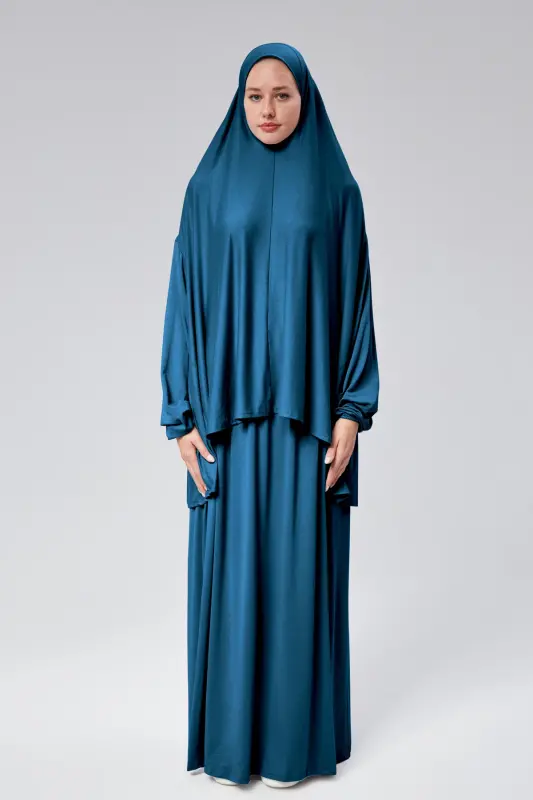 Kadın İki Parça Namaz Elbisesi Başörtülü Organik Pamuklu Lastikli Kolu Kaymaz Etek Penye Tesettür-Petrol rengi - 1