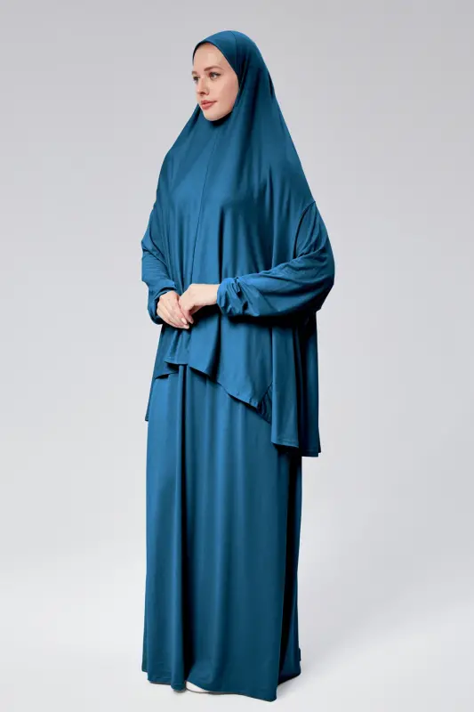 Kadın İki Parça Namaz Elbisesi Başörtülü Organik Pamuklu Lastikli Kolu Kaymaz Etek Penye Tesettür-Petrol rengi - 5