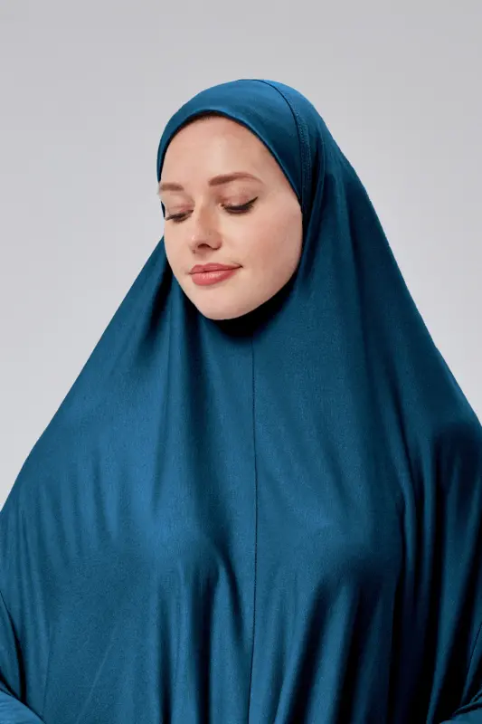 Kadın İki Parça Namaz Elbisesi Başörtülü Organik Pamuklu Lastikli Kolu Kaymaz Etek Penye Tesettür-Petrol rengi - 4