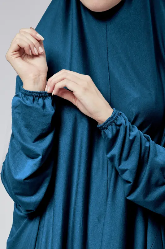 Kadın İki Parça Namaz Elbisesi Başörtülü Organik Pamuklu Lastikli Kolu Kaymaz Etek Penye Tesettür-Petrol rengi - 6