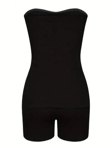 Kadın Iki Yanı Yırtmaçlı Straplez Bluzmini Tayt Kaşkorse Ikili Takım - 4