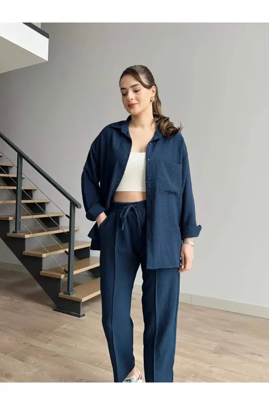 Kadın Ikili Keten Gömlek Pantolon Alt Üst Takım-BEBEMAVİSİ - 2