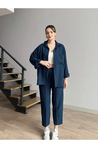 Kadın Ikili Keten Gömlek Pantolon Alt Üst Takım-BEBEMAVİSİ - 1