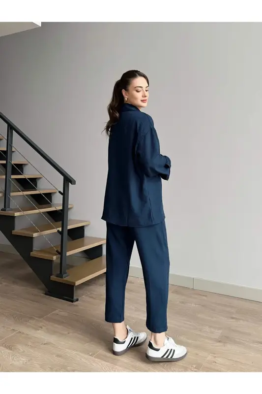 Kadın Ikili Keten Gömlek Pantolon Alt Üst Takım-BEBEMAVİSİ - 3