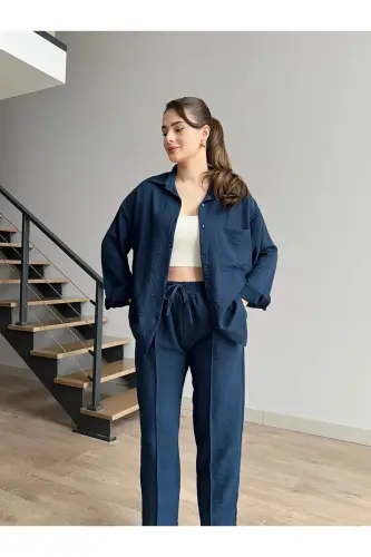 Kadın Ikili Keten Gömlek Pantolon Alt Üst Takım-BEBEMAVİSİ - 4