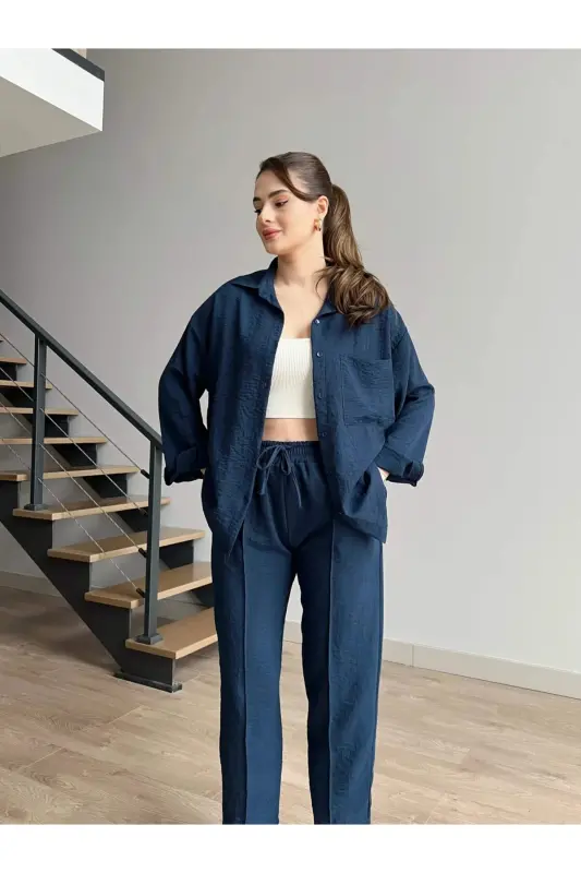 Kadın Ikili Keten Gömlek Pantolon Alt Üst Takım-BEBEMAVİSİ - 4