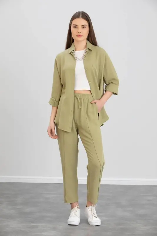Kadın Ikili Keten Gömlek Pantolon Alt Üst Takım-ÇAĞLA - 1