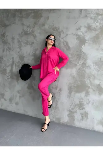 Kadın Ikili Keten Gömlek Pantolon Alt Üst Takım-FUŞYA - 2