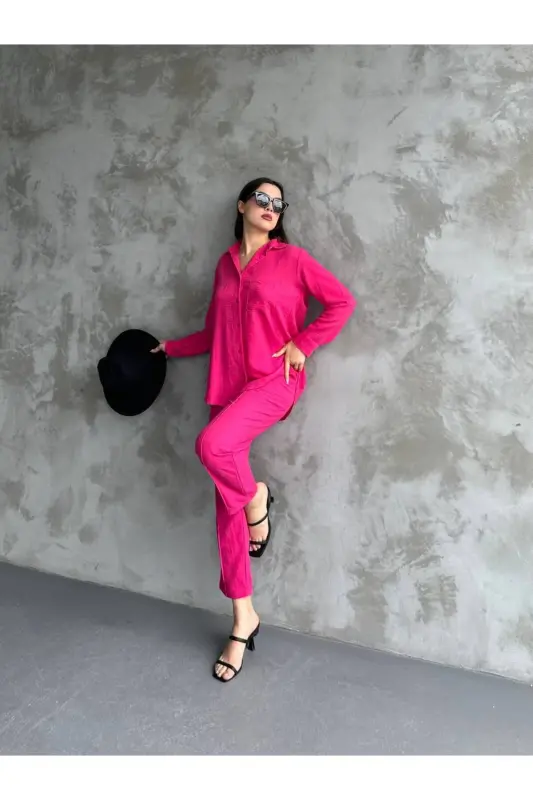 Kadın Ikili Keten Gömlek Pantolon Alt Üst Takım-FUŞYA - 2