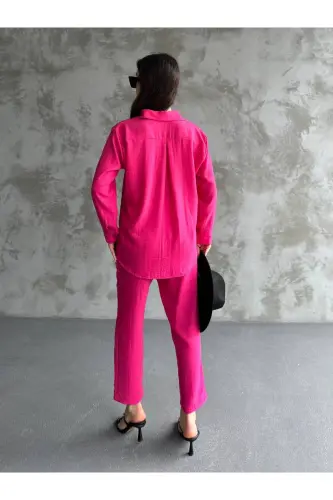 Kadın Ikili Keten Gömlek Pantolon Alt Üst Takım-FUŞYA - 3