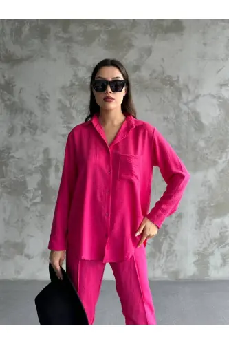 Kadın Ikili Keten Gömlek Pantolon Alt Üst Takım-FUŞYA 