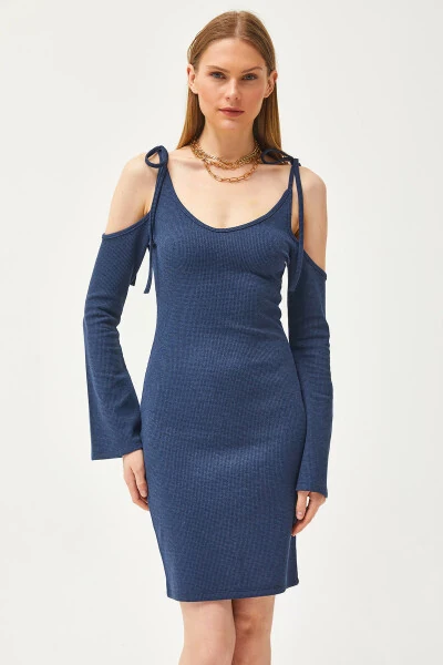 Kadın İndigo Askısı Bağlamalı İspanyol Kol Waffle Elbise ELB-19002078-İndigo - 2