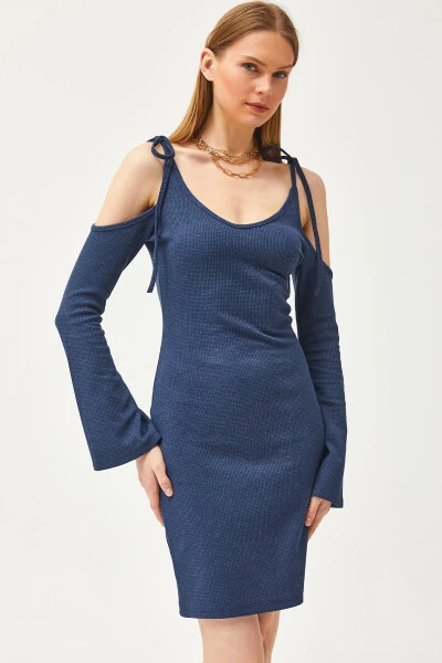 Kadın İndigo Askısı Bağlamalı İspanyol Kol Waffle Elbise ELB-19002078-İndigo - 4