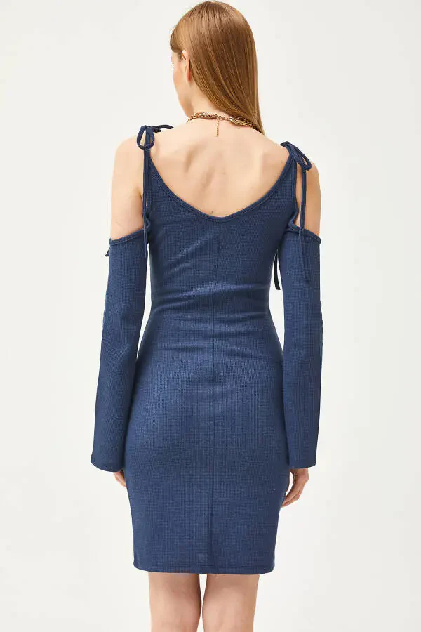 Kadın İndigo Askısı Bağlamalı İspanyol Kol Waffle Elbise ELB-19002078-İndigo - 5