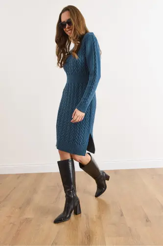 Kadın İndigo Beli Bantlı Yırtmaçlı Saç Örgü Mini Elbise ELB-19002289-İndigo - 2