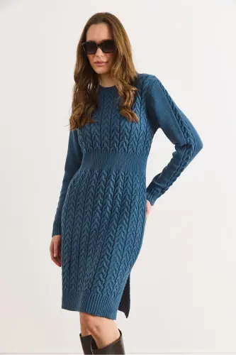 Kadın İndigo Beli Bantlı Yırtmaçlı Saç Örgü Mini Elbise ELB-19002289-İndigo - 3