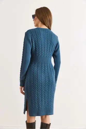 Kadın İndigo Beli Bantlı Yırtmaçlı Saç Örgü Mini Elbise ELB-19002289-İndigo - 5