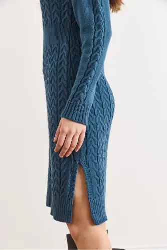 Kadın İndigo Beli Bantlı Yırtmaçlı Saç Örgü Mini Elbise ELB-19002289-İndigo - 6