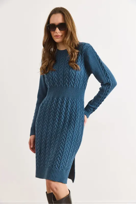 Kadın İndigo Beli Bantlı Yırtmaçlı Saç Örgü Mini Elbise ELB-19002289-İndigo - 3