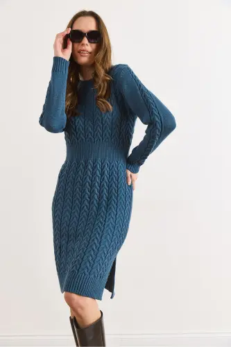 Kadın İndigo Beli Bantlı Yırtmaçlı Saç Örgü Mini Elbise ELB-19002289-İndigo - 4