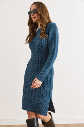 Kadın İndigo Beli Bantlı Yırtmaçlı Saç Örgü Mini Elbise ELB-19002289-İndigo 