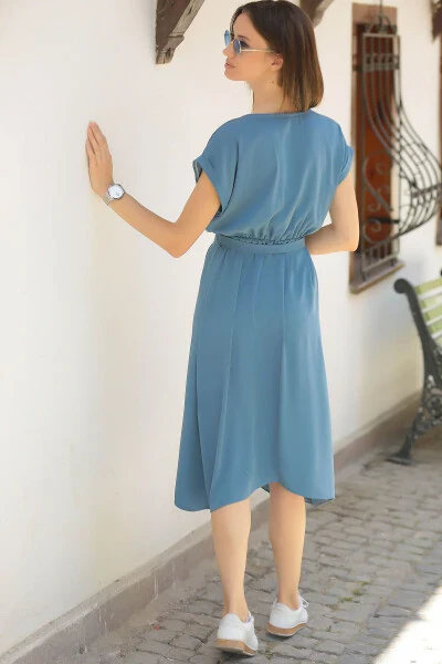 Kadın İndigo Beli Lastikli Bağlamalı Elbise ARM-18Y001120-İNDİGO - 4