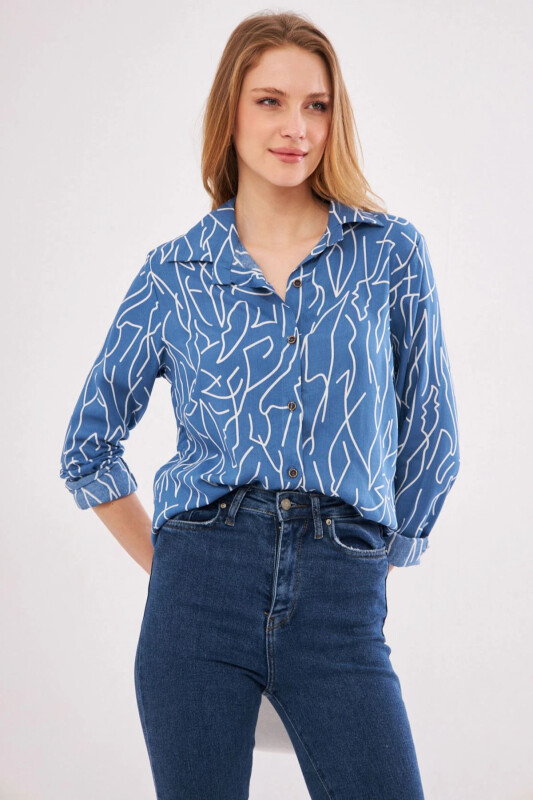 Kadın İndigo Çizgi Desen Uzun Kol Gömlek ARM-20Y001002-İndigo - ARMONIKA