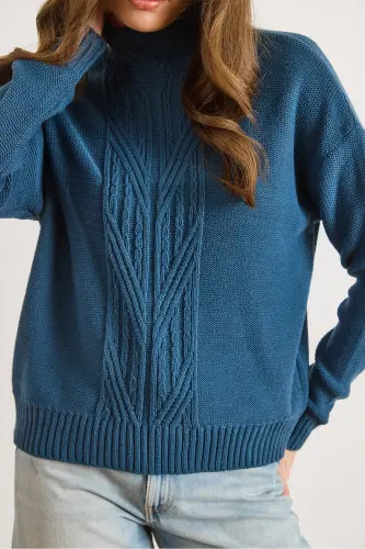 Kadın İndigo Dik Yaka Ortası Saç Örgülü Triko Kazak KZK-19000912-İndigo - 5