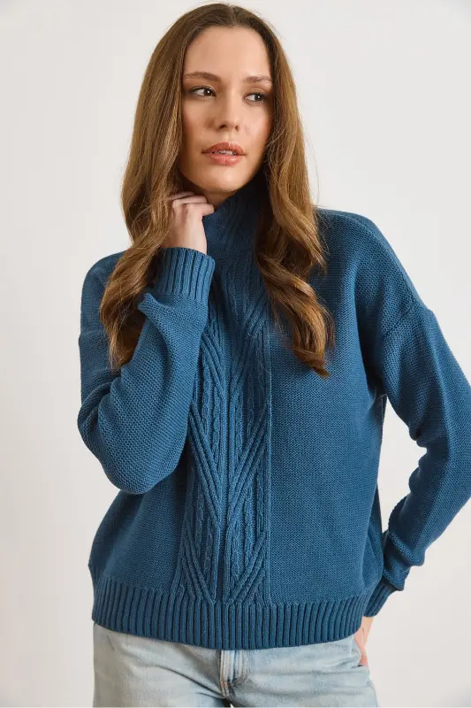 Kadın İndigo Dik Yaka Ortası Saç Örgülü Triko Kazak KZK-19000912-İndigo - 6