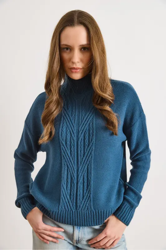 Kadın İndigo Dik Yaka Ortası Saç Örgülü Triko Kazak KZK-19000912-İndigo - 2