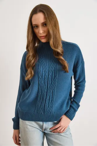 Kadın İndigo Dik Yaka Ortası Saç Örgülü Triko Kazak KZK-19000912-İndigo - 3