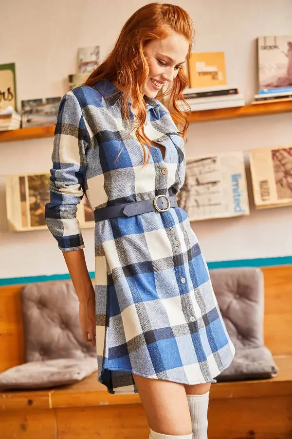 Kadın İndigo Ekru Oduncu Kalın Ekose Tunik Elbise ELB-19000836-İndigo Ekru - 6