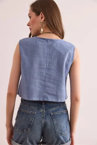 Kadın İndigo Flam Keten Crop Bluz BLZ-19002925-İndigo - 5
