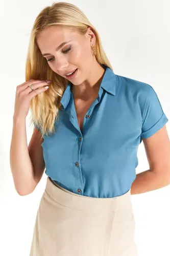 Kadın Indigo Kısa Kol Gömlek ARM-19Y001065-Indigo - 1