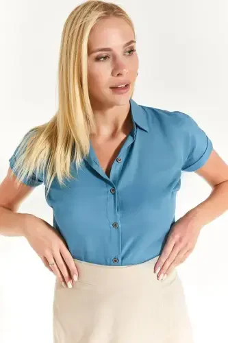 Kadın Indigo Kısa Kol Gömlek ARM-19Y001065-Indigo - armonika (1)