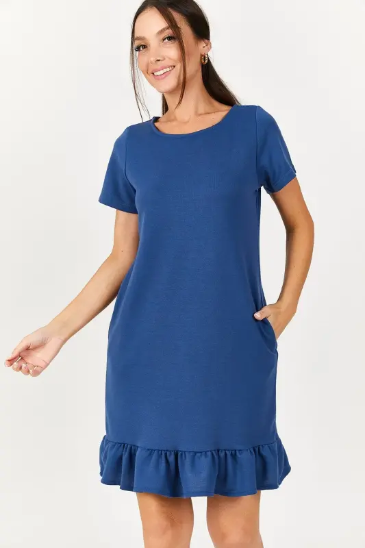 Kadın Indigo Kısa Kollu Altı Fırfırlı Elbise ARM-20Y001032-Indigo - ARMONIKA