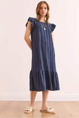 Kadın İndigo Kol Etek Fırfırlı Dokulu Midi Elbise ELB-19002364-İndigo 