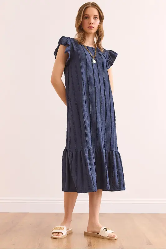 Kadın İndigo Kol Etek Fırfırlı Dokulu Midi Elbise ELB-19002364-İndigo - 1