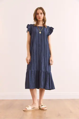 Kadın İndigo Kol Etek Fırfırlı Dokulu Midi Elbise ELB-19002364-İndigo - OLALOOK (1)