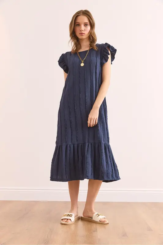 Kadın İndigo Kol Etek Fırfırlı Dokulu Midi Elbise ELB-19002364-İndigo - 3