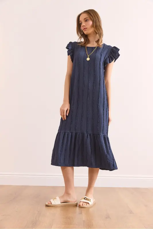 Kadın İndigo Kol Etek Fırfırlı Dokulu Midi Elbise ELB-19002364-İndigo - 4