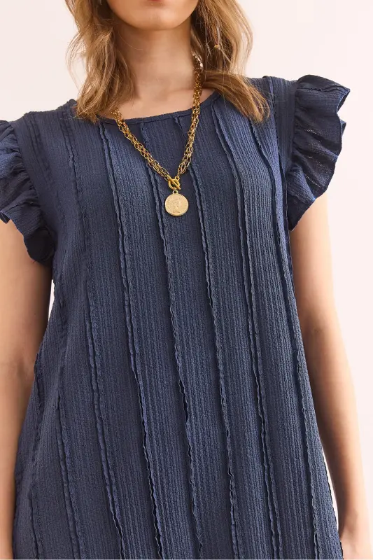 Kadın İndigo Kol Etek Fırfırlı Dokulu Midi Elbise ELB-19002364-İndigo - 5