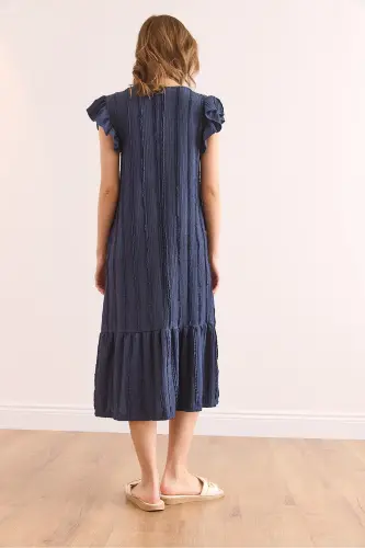 Kadın İndigo Kol Etek Fırfırlı Dokulu Midi Elbise ELB-19002364-İndigo - 6