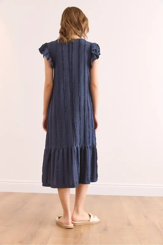 Kadın İndigo Kol Etek Fırfırlı Dokulu Midi Elbise ELB-19002364-İndigo - 6
