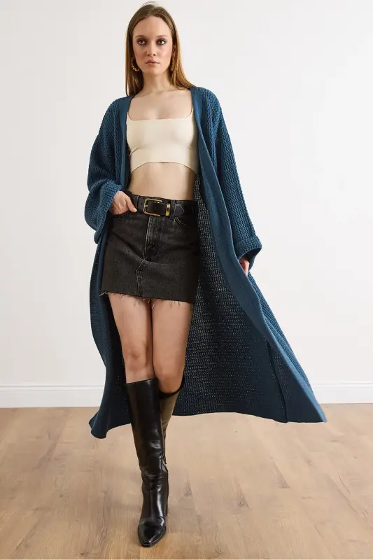 Kadın İndigo Manşeti Katlamalı Maxi Triko Hırka HRK-19000297-İndigo - 1