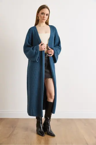 Kadın İndigo Manşeti Katlamalı Maxi Triko Hırka HRK-19000297-İndigo - 3