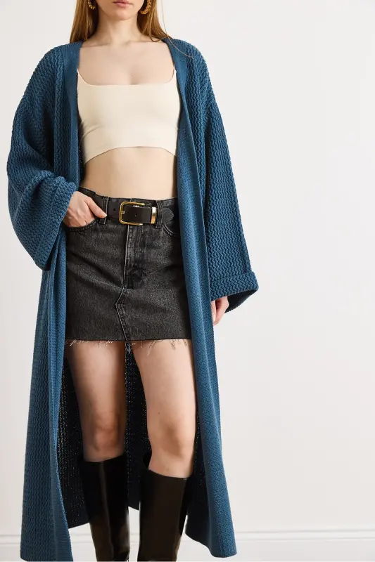 Kadın İndigo Manşeti Katlamalı Maxi Triko Hırka HRK-19000297-İndigo - 5